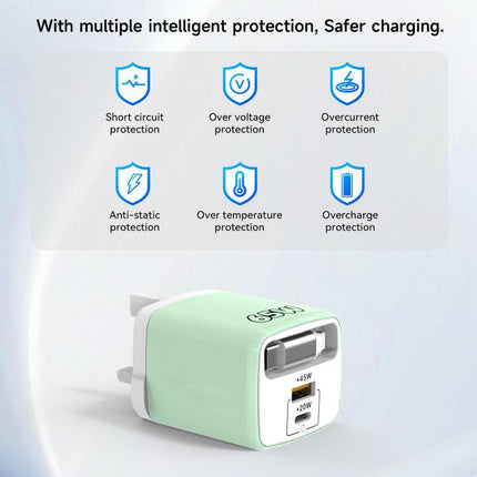 ADC-PD013 Sugar Cube 65W Type-C and USB Dual-port Fast Charger with Type-C Retractable Cable, EU Plug, US Plug, UK Plug