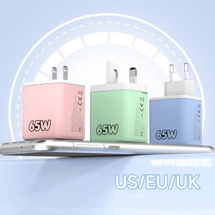 ADC-PD013 Sugar Cube 65W Type-C and USB Dual-port Fast Charger with Type-C Retractable Cable, EU Plug, US Plug, UK Plug