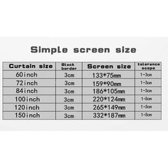 Simple Folding Thin Polyester Projector Film Curtain, 60 inch (16:9) Projection Area: 132x75cm, 60 inch (4:3) Projection Area: 120x90cm, 72 inch (16:9) Projection Area: 159x90cm, 72 inch (4:3) Projection Area: 146x110cm