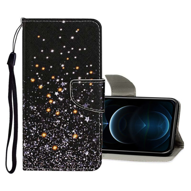Horizontale Klapphülle aus Leder mit farbigem Zeichenmuster, Halter, Kartenfächern und Geldbörse, für iPhone 12/12 Pro