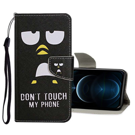 Horizontale Klapphülle aus Leder mit farbigem Zeichenmuster, Halter, Kartenfächern und Geldbörse, für iPhone 12/12 Pro