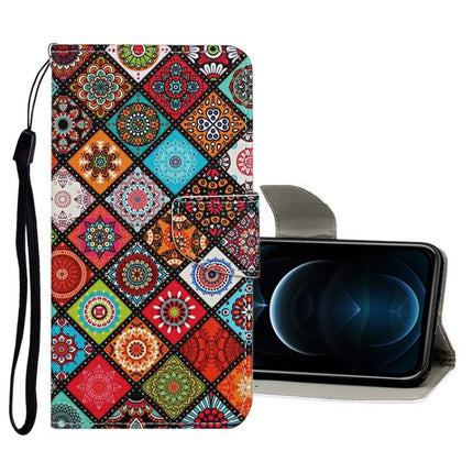 Horizontale Klapphülle aus Leder mit farbigem Zeichenmuster, Halter, Kartenfächern und Geldbörse, für iPhone 12/12 Pro