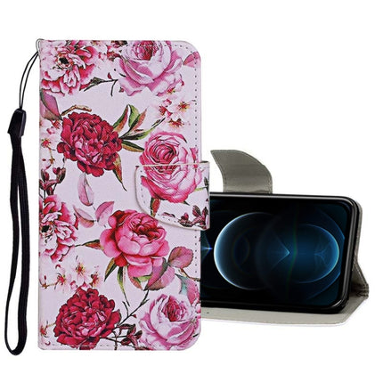 Horizontale Klapphülle aus Leder mit farbigem Zeichenmuster, Halter, Kartenfächern und Geldbörse, für iPhone 12/12 Pro