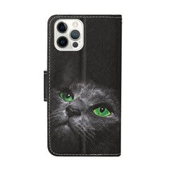 Horizontale Klapphülle aus Leder mit farbigem Zeichenmuster, Halter, Kartenfächern und Geldbörse, für iPhone 12/12 Pro