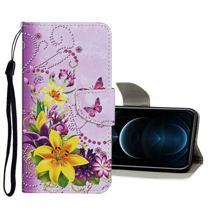 Horizontale Klapphülle aus Leder mit farbigem Zeichenmuster, Halter, Kartenfächern und Geldbörse, für iPhone 12/12 Pro