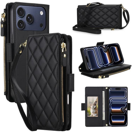 Crossbody Diamond 9 Card Slots Zipper Bag Vegan Leather Phone Case, For iPhone 17 Pro Max, For iPhone 17 Pro, For iPhone 16 Pro Max