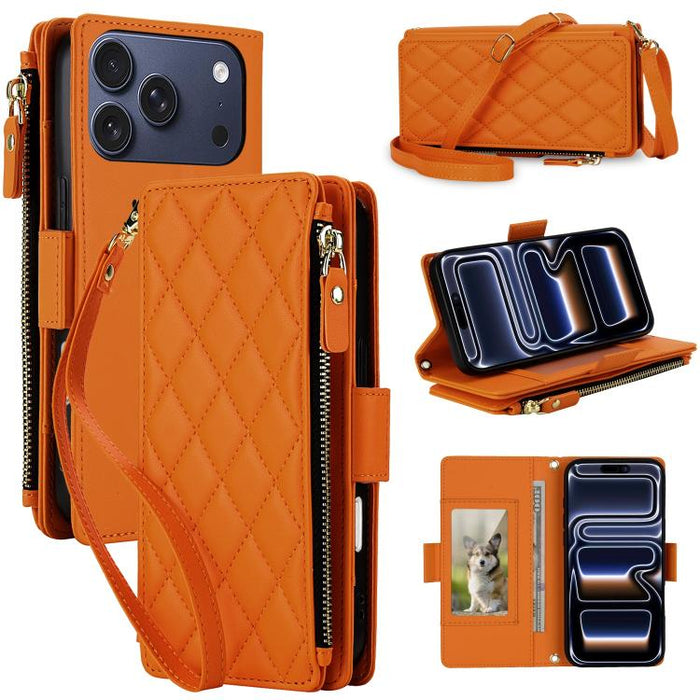Crossbody Diamond 9 Card Slots Zipper Bag Vegan Leather Phone Case, For iPhone 17 Pro Max, For iPhone 17 Pro, For iPhone 16 Pro Max