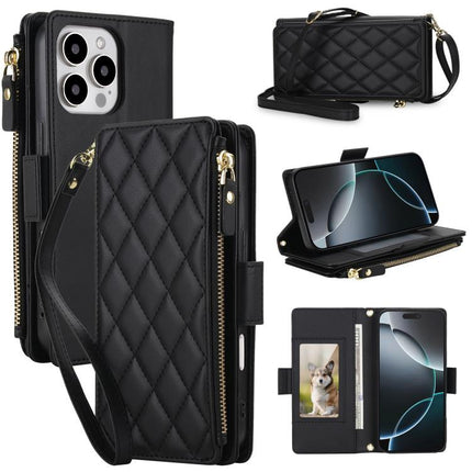 Crossbody Diamond 9 Card Slots Zipper Bag Vegan Leather Phone Case, For iPhone 17 Pro Max, For iPhone 17 Pro, For iPhone 16 Pro Max