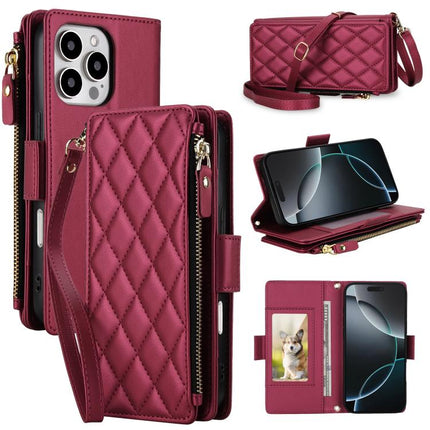 Crossbody Diamond 9 Card Slots Zipper Bag Vegan Leather Phone Case, For iPhone 17 Pro Max, For iPhone 17 Pro, For iPhone 16 Pro Max