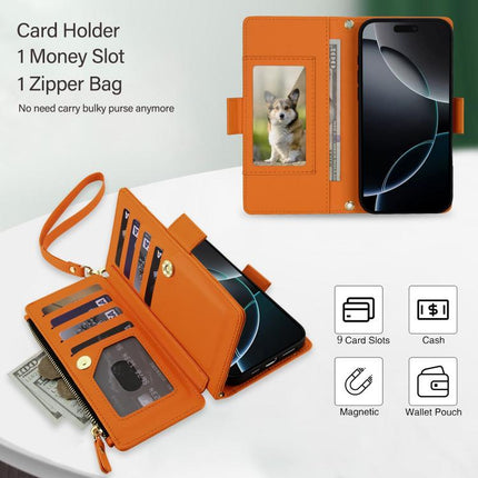 Crossbody Diamond 9 Card Slots Zipper Bag Vegan Leather Phone Case, For iPhone 16 Pro, For iPhone 15 Pro Max, For iPhone 15 Pro