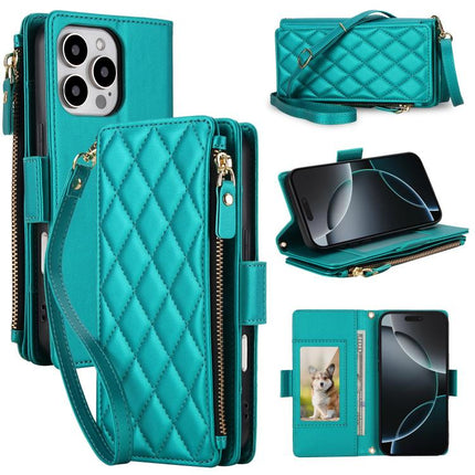 Crossbody Diamond 9 Card Slots Zipper Bag Vegan Leather Phone Case, For iPhone 16 Pro, For iPhone 15 Pro Max, For iPhone 15 Pro
