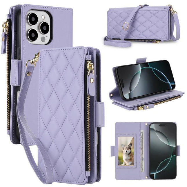 Crossbody Diamond 9 Card Slots Zipper Bag Vegan Leather Phone Case, For iPhone 16 Pro, For iPhone 15 Pro Max, For iPhone 15 Pro