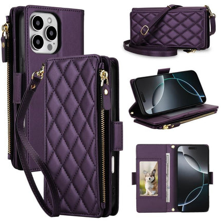 Crossbody Diamond 9 Card Slots Zipper Bag Vegan Leather Phone Case, For iPhone 16 Pro, For iPhone 15 Pro Max, For iPhone 15 Pro