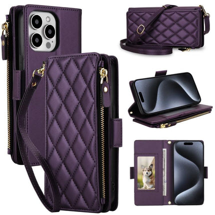 Crossbody Diamond 9 Card Slots Zipper Bag Vegan Leather Phone Case, For iPhone 16 Pro, For iPhone 15 Pro Max, For iPhone 15 Pro