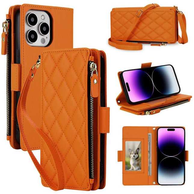Crossbody Diamond 9 Card Slots Zipper Bag Vegan Leather Phone Case, For iPhone 14 Pro, For iPhone 14 Pro Max, For iPhone 13 Pro Max