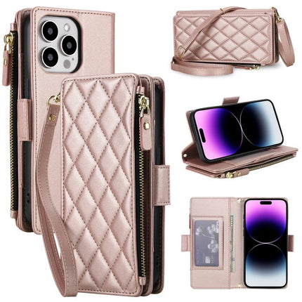 Crossbody Diamond 9 Card Slots Zipper Bag Vegan Leather Phone Case, For iPhone 14 Pro, For iPhone 14 Pro Max, For iPhone 13 Pro Max