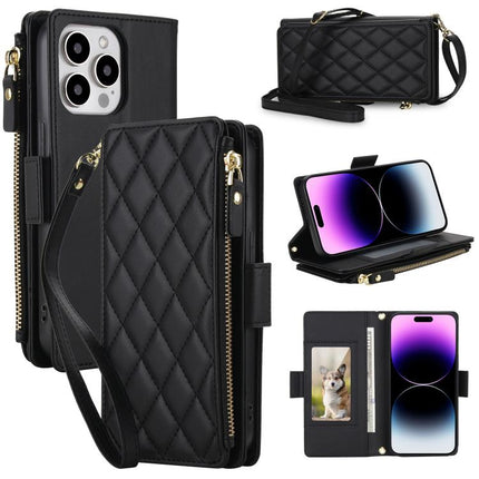Crossbody Diamond 9 Card Slots Zipper Bag Vegan Leather Phone Case, For iPhone 14 Pro, For iPhone 14 Pro Max, For iPhone 13 Pro Max