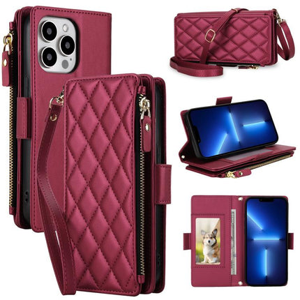 Crossbody Diamond 9 Card Slots Zipper Bag Vegan Leather Phone Case, For iPhone 14 Pro, For iPhone 14 Pro Max, For iPhone 13 Pro Max