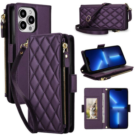 Crossbody Diamond 9 Card Slots Zipper Bag Vegan Leather Phone Case, For iPhone 14 Pro, For iPhone 14 Pro Max, For iPhone 13 Pro Max