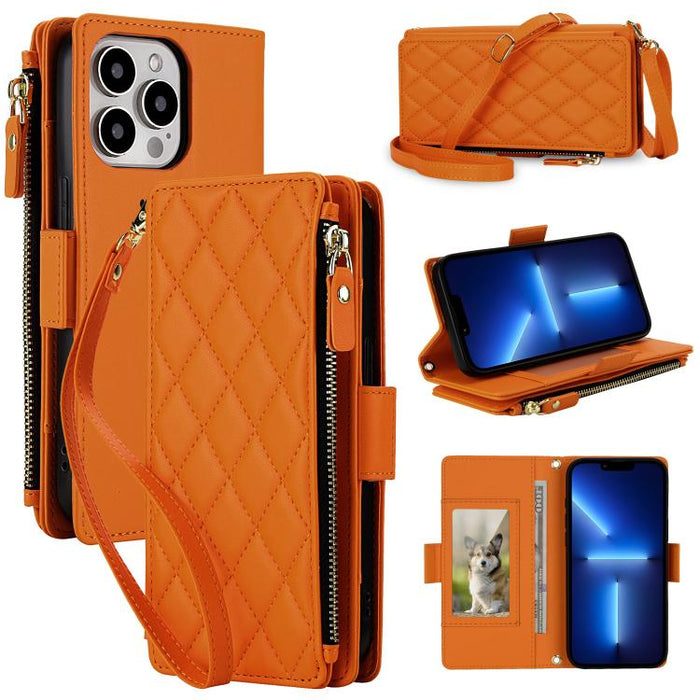 Crossbody Diamond 9 Card Slots Zipper Bag Vegan Leather Phone Case, For iPhone 13 Pro, For iPhone 12 Pro Max
