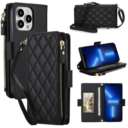 Crossbody Diamond 9 Card Slots Zipper Bag Vegan Leather Phone Case, For iPhone 13 Pro, For iPhone 12 Pro Max