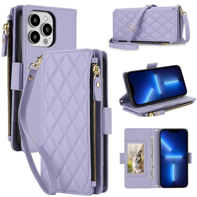 Crossbody Diamond 9 Card Slots Zipper Bag Vegan Leather Phone Case, For iPhone 13 Pro, For iPhone 12 Pro Max