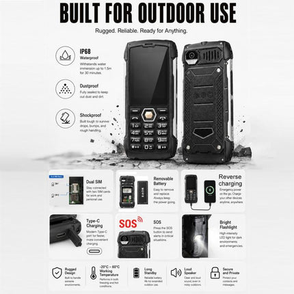 HP288 IP68 Rugged Phone, 2.8 inch, 4000mAh Battery, Network: 2G, BT, FM, SOS, Torch, Russian Keyboard, EU Plug, US Plug, UK Plug, AU Plug
