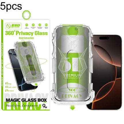 5pcs 5D Curved Easy Install Dust-proof Box 360 Privacy Tempered Glass Film, For iPhone 17e / 16e / 14 / 13 Pro, For iPhone 17 Pro Max, For iPhone 17 Pro, For iPhone 17 / 16 Pro, For iPhone Air, For iPhone 16 Pro Max, For iPhone 16 Plus / 15 Plus       ...