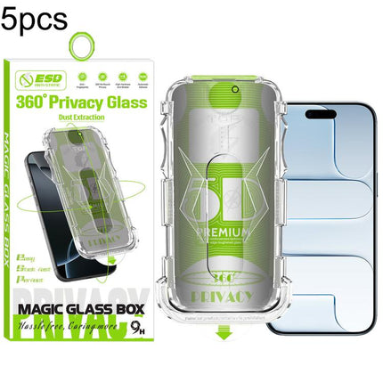 5pcs 5D Curved Easy Install Dust-proof Box 360 Privacy Tempered Glass Film, For iPhone 17e / 16e / 14 / 13 Pro, For iPhone 17 Pro Max, For iPhone 17 Pro, For iPhone 17 / 16 Pro, For iPhone Air, For iPhone 16 Pro Max, For iPhone 16 Plus / 15 Plus       ...