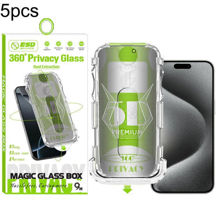 5pcs 5D Curved Easy Install Dust-proof Box 360 Privacy Tempered Glass Film, For iPhone 17e / 16e / 14 / 13 Pro, For iPhone 17 Pro Max, For iPhone 17 Pro, For iPhone 17 / 16 Pro, For iPhone Air, For iPhone 16 Pro Max, For iPhone 16 Plus / 15 Plus       ...