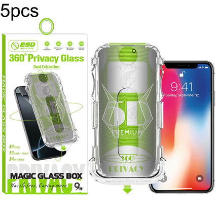 5pcs 5D Curved Easy Install Dust-proof Box 360 Privacy Tempered Glass Film, For iPhone 17e / 16e / 14 / 13 Pro, For iPhone 17 Pro Max, For iPhone 17 Pro, For iPhone 17 / 16 Pro, For iPhone Air, For iPhone 16 Pro Max, For iPhone 16 Plus / 15 Plus       ...