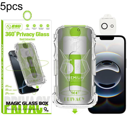 5pcs 5D Curved Easy Install Dust-proof Box 360 Privacy Tempered Glass Film with Lens Film, For iPhone 17e / 16e, For iPhone 17 Pro Max, For iPhone 17 Pro, For iPhone 17, For iPhone Air, For iPhone 16 Pro Max, For iPhone 16 Pro, For iPhone 16 Plus      ...