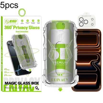 5pcs 5D Curved Easy Install Dust-proof Box 360 Privacy Tempered Glass Film with Lens Film, For iPhone 17e / 16e, For iPhone 17 Pro Max, For iPhone 17 Pro, For iPhone 17, For iPhone Air, For iPhone 16 Pro Max, For iPhone 16 Pro, For iPhone 16 Plus      ...