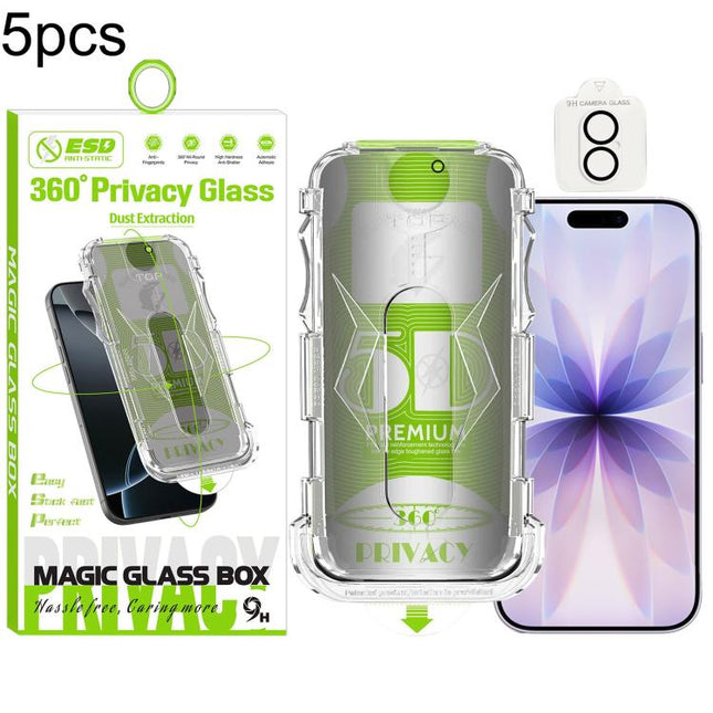 5pcs 5D Curved Easy Install Dust-proof Box 360 Privacy Tempered Glass Film with Lens Film, For iPhone 17e / 16e, For iPhone 17 Pro Max, For iPhone 17 Pro, For iPhone 17, For iPhone Air, For iPhone 16 Pro Max, For iPhone 16 Pro, For iPhone 16 Plus      ...