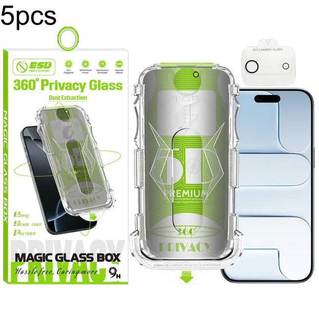 5pcs 5D Curved Easy Install Dust-proof Box 360 Privacy Tempered Glass Film with Lens Film, For iPhone 17e / 16e, For iPhone 17 Pro Max, For iPhone 17 Pro, For iPhone 17, For iPhone Air, For iPhone 16 Pro Max, For iPhone 16 Pro, For iPhone 16 Plus      ...