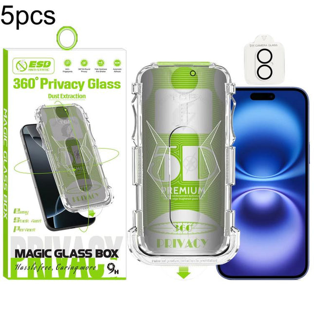 5pcs 5D Curved Easy Install Dust-proof Box 360 Privacy Tempered Glass Film with Lens Film, For iPhone 17e / 16e, For iPhone 17 Pro Max, For iPhone 17 Pro, For iPhone 17, For iPhone Air, For iPhone 16 Pro Max, For iPhone 16 Pro, For iPhone 16 Plus      ...