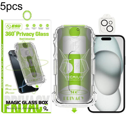 5pcs 5D Curved Easy Install Dust-proof Box 360 Privacy Tempered Glass Film with Lens Film, For iPhone 17e / 16e, For iPhone 17 Pro Max, For iPhone 17 Pro, For iPhone 17, For iPhone Air, For iPhone 16 Pro Max, For iPhone 16 Pro, For iPhone 16 Plus      ...