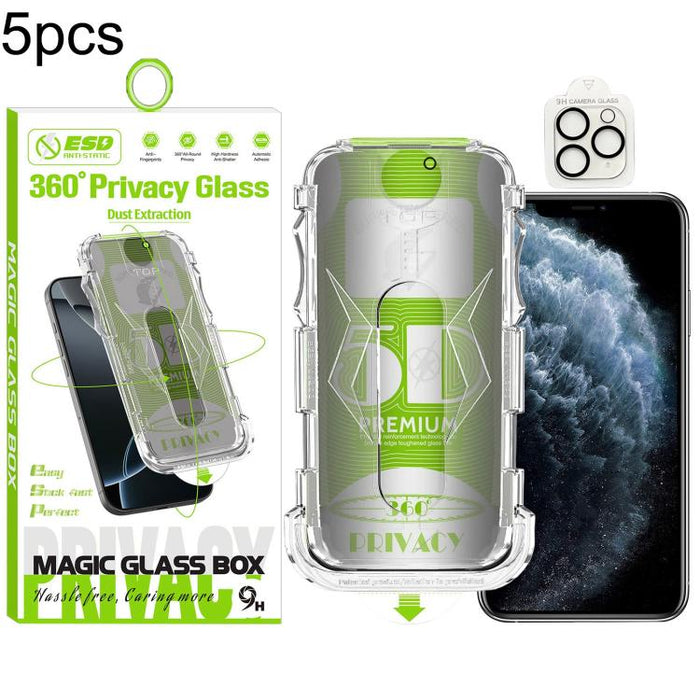 5pcs 5D Curved Easy Install Dust-proof Box 360 Privacy Tempered Glass Film with Lens Film, For iPhone 11 Pro, For iPhone X / XS, For iPhone XR, For iPhone XS Max