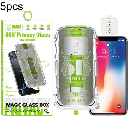 5pcs 5D Curved Easy Install Dust-proof Box 360 Privacy Tempered Glass Film with Lens Film, For iPhone 11 Pro, For iPhone X / XS, For iPhone XR, For iPhone XS Max