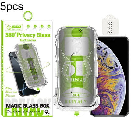 5pcs 5D Curved Easy Install Dust-proof Box 360 Privacy Tempered Glass Film with Lens Film, For iPhone 11 Pro, For iPhone X / XS, For iPhone XR, For iPhone XS Max