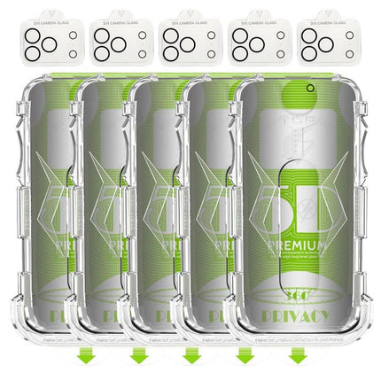 5pcs 5D Curved Easy Install Dust-proof Box 360 Privacy Tempered Glass Film with Lens Film, For iPhone 17e / 16e, For iPhone 17 Pro Max, For iPhone 17 Pro, For iPhone 17, For iPhone Air, For iPhone 16 Pro Max, For iPhone 16 Pro, For iPhone 16 Plus      ...