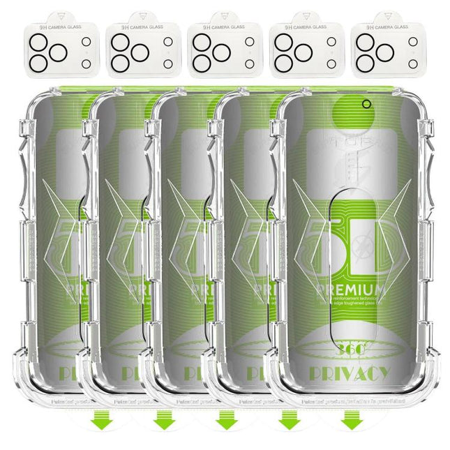 5pcs 5D Curved Easy Install Dust-proof Box 360 Privacy Tempered Glass Film with Lens Film, For iPhone 17e / 16e, For iPhone 17 Pro Max, For iPhone 17 Pro, For iPhone 17, For iPhone Air, For iPhone 16 Pro Max, For iPhone 16 Pro, For iPhone 16 Plus      ...