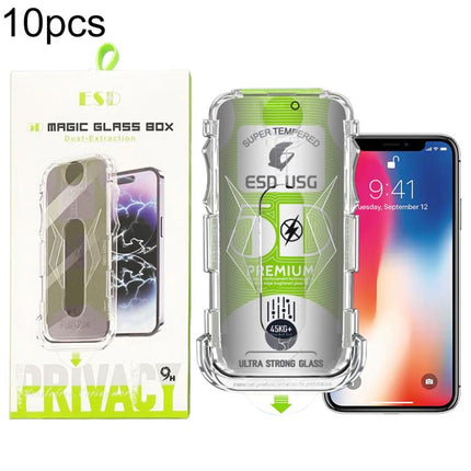 10pcs 5D Curved Easy Install Dust-proof Box Privacy Edge-to-Edge Tempered Glass Film, For iPhone 17e / 16e / 14 / 13 Pro, For iPhone 17 Pro Max, For iPhone 17 Pro, For iPhone 17 / 16 Pro, For iPhone Air, For iPhone 16 Pro Max, For iPhone 16 Plus / 15 P...
