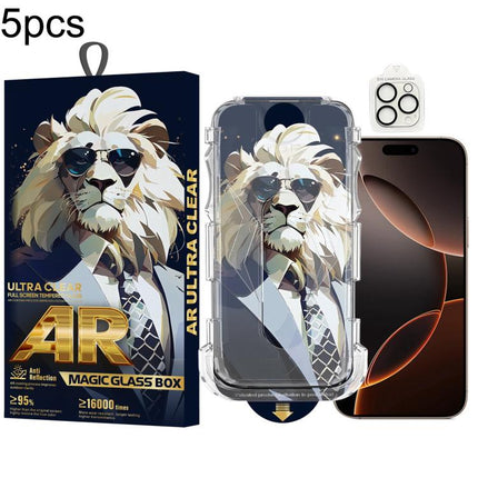 5pcs Sunglasses Lion Easy Install Dust-proof Box AR HD Tempered Glass Film with Lens Film, For iPhone 17e / 16e, For iPhone 17 Pro Max, For iPhone 17 Pro, For iPhone 17, For iPhone Air, For iPhone 16 Pro Max, For iPhone 16 Pro, For iPhone 16 Plus      ...