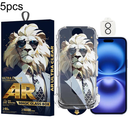 5pcs Sunglasses Lion Easy Install Dust-proof Box AR HD Tempered Glass Film with Lens Film, For iPhone 17e / 16e, For iPhone 17 Pro Max, For iPhone 17 Pro, For iPhone 17, For iPhone Air, For iPhone 16 Pro Max, For iPhone 16 Pro, For iPhone 16 Plus      ...