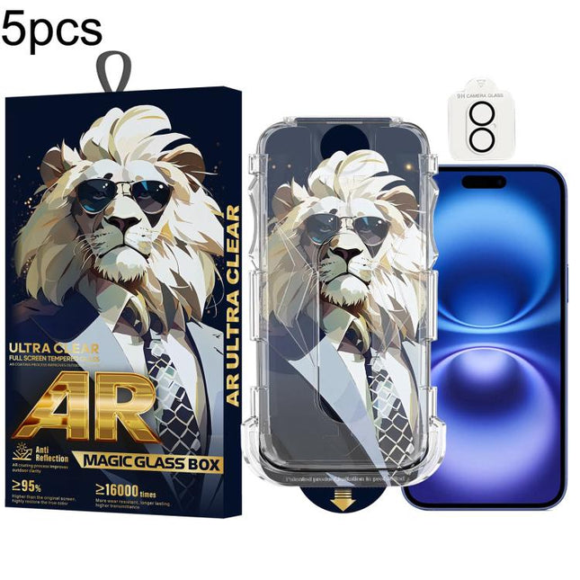 5pcs Sunglasses Lion Easy Install Dust-proof Box AR HD Tempered Glass Film with Lens Film, For iPhone 17e / 16e, For iPhone 17 Pro Max, For iPhone 17 Pro, For iPhone 17, For iPhone Air, For iPhone 16 Pro Max, For iPhone 16 Pro, For iPhone 16 Plus      ...