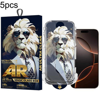 5pcs Sunglasses Lion Easy Install Dust-proof Box AR HD Tempered Glass Film, For iPhone 17e / 16e / 14 / 13 Pro, For iPhone 17 Pro Max, For iPhone 17 Pro, For iPhone 17 / 16 Pro, For iPhone Air, For iPhone 16 Pro Max, For iPhone 16 Plus / 15 Plus       ...