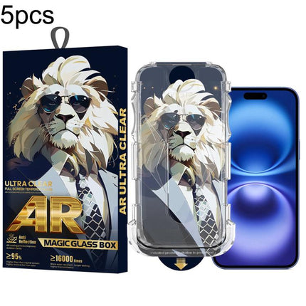 5pcs Sunglasses Lion Easy Install Dust-proof Box AR HD Tempered Glass Film, For iPhone 17e / 16e / 14 / 13 Pro, For iPhone 17 Pro Max, For iPhone 17 Pro, For iPhone 17 / 16 Pro, For iPhone Air, For iPhone 16 Pro Max, For iPhone 16 Plus / 15 Plus       ...