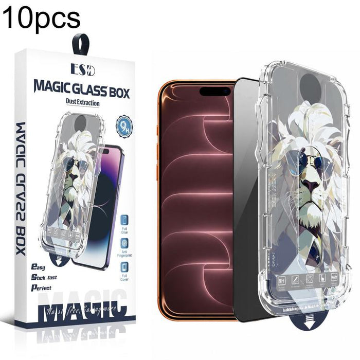 10pcs Easy Install Dust-proof Box Privacy Tempered Glass Film, For iPhone 17e / 16e / 14 / 13 Pro, For iPhone 17 Pro Max, For iPhone 17 Pro, For iPhone 17 / 16 Pro, For iPhone Air, For iPhone 16 Pro Max, For iPhone 16 Plus / 15 Plus, For iPhone 16 / 15...