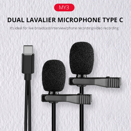 YELANGU MY3 Type-C Interface Live Broadcast Interview Mobile Phone Double Clip Lavalier Microphone, Length: 2.5m, MY3